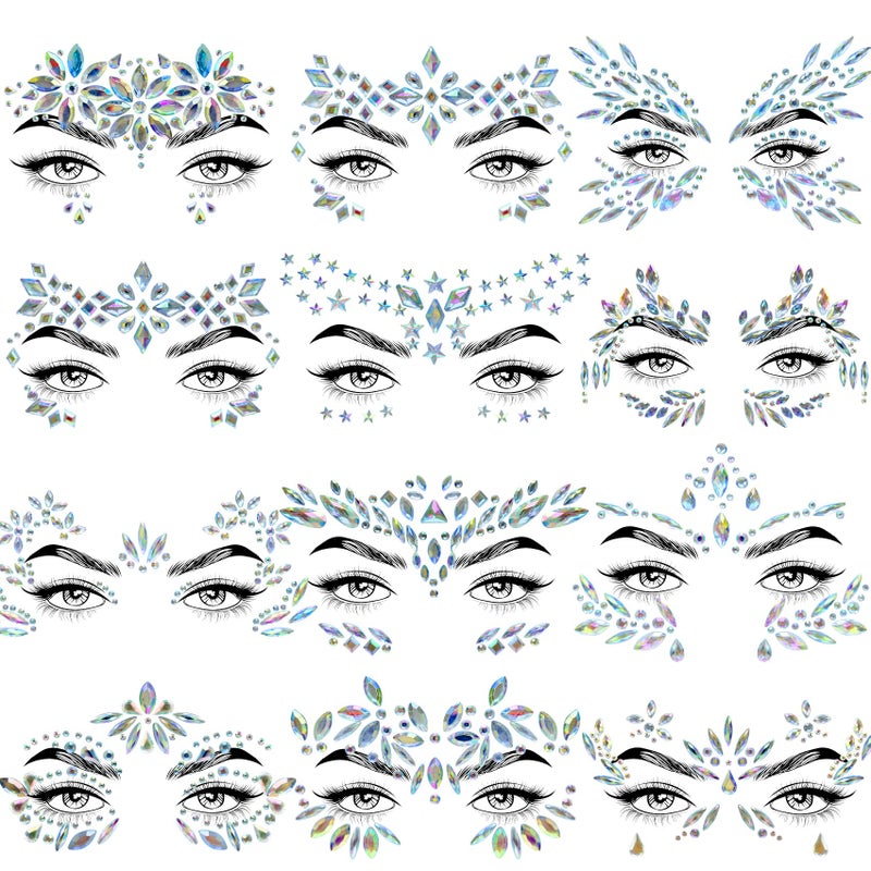 Allruyee 12 Sets Face Jewels Face Gems Mermaid Glitter Rhinestone Crystal Stickers Waterproof Eyes Face Temporary Tattoos for Party,Rave Festival,Carnival,Holiday Costumes,Rave Accessories - Image 1